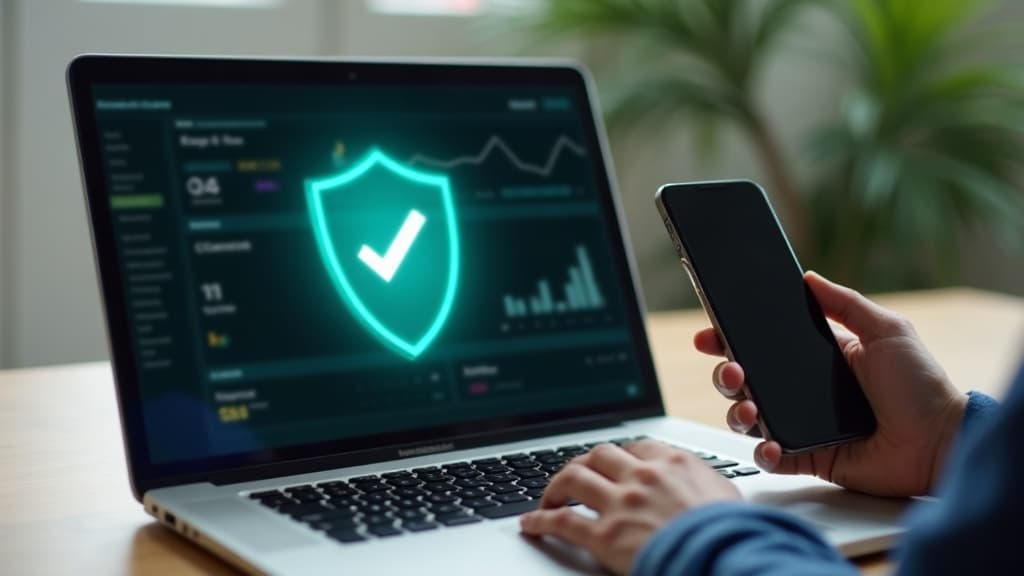 Bir dizüstü bilgisayar ekranında dijital doğrulama kalkanı ve onay işareti, yanında telefon tutan el