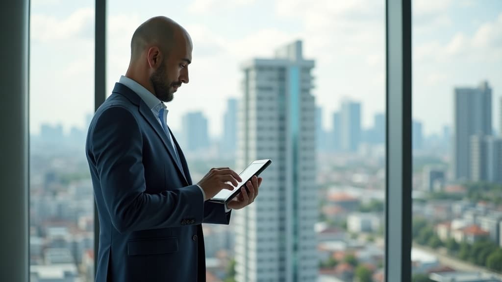 Modern bir ofiste, pencereden konut projesi silüeti görünürken tablet üzerinde proje inceleyen gayrimenkul danışmanı