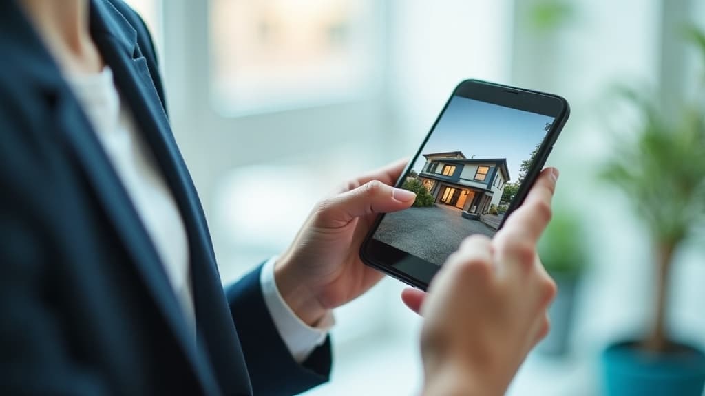 Takım elbiseli bir profesyonel, telefonunda bir konut projesi görselini paylaşırken